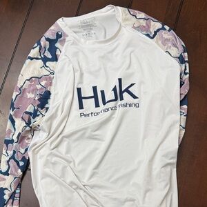 Huk White Fishing Shirt with Blue and Pink Camo Sleeves